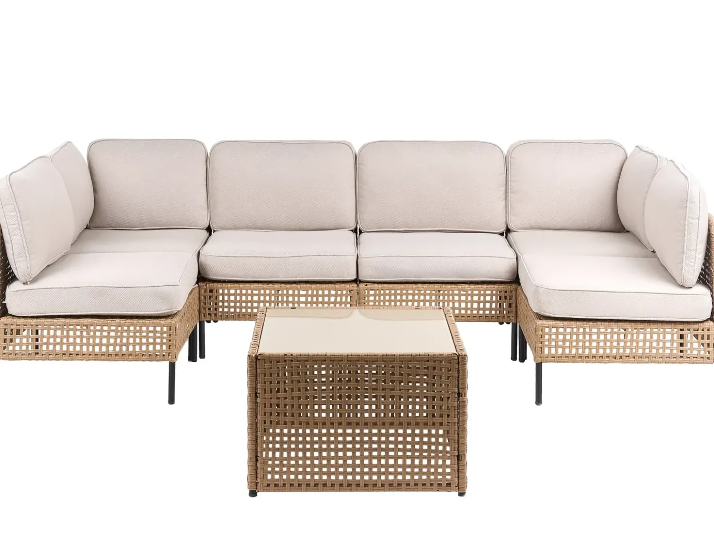 Divano da giardino a forma di U 6 posti OMEGANA Modulare Rattan sintetico (PE) Beige chiaro
