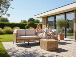 Divano da giardino con tavolo 4 posti OMEGANA Modulare Rattan sintetico (PE) Beige chiaro