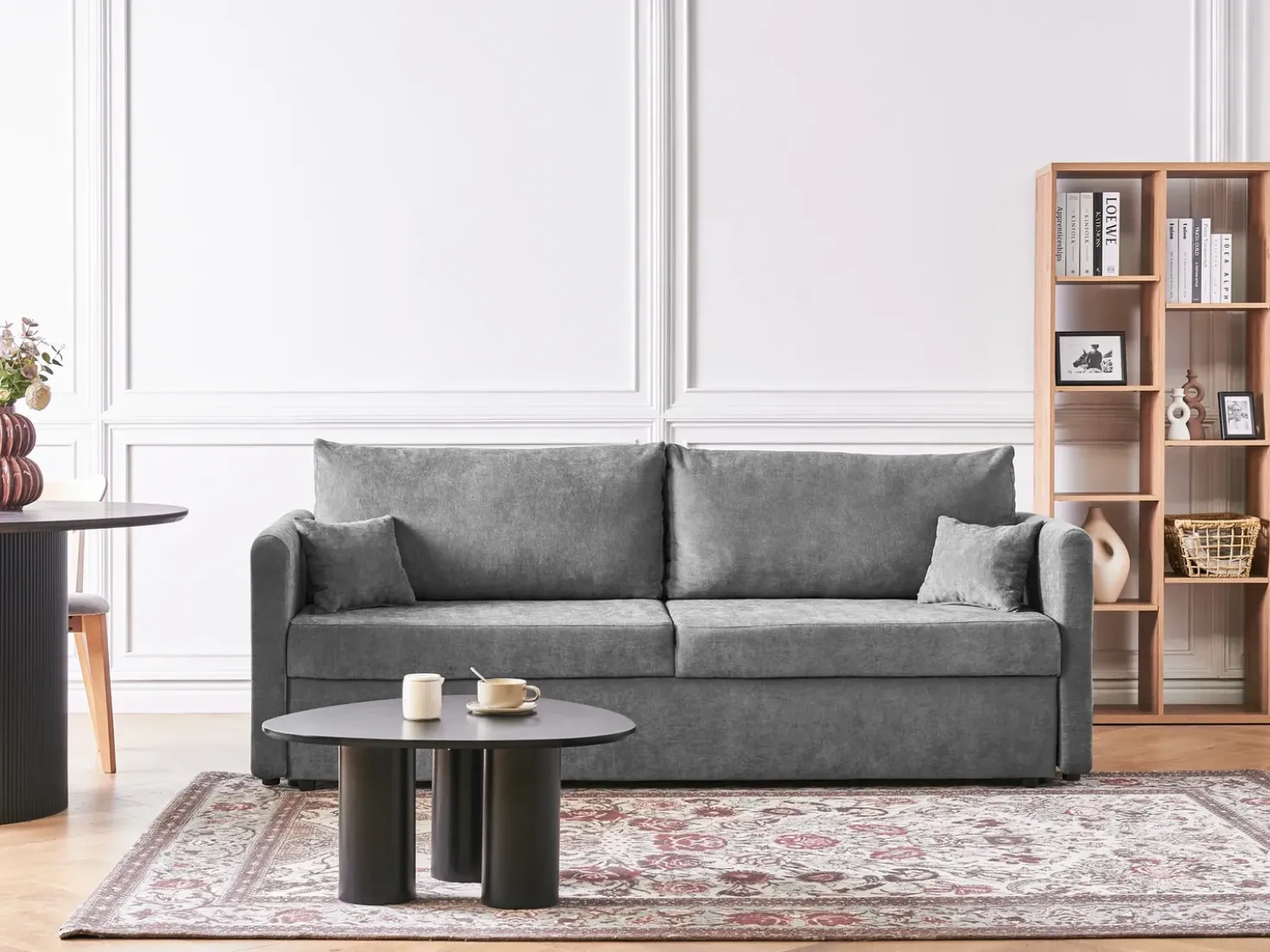 Divano letto 3 posti BLEIK Ciniglia Grigio chiaro con contenitore