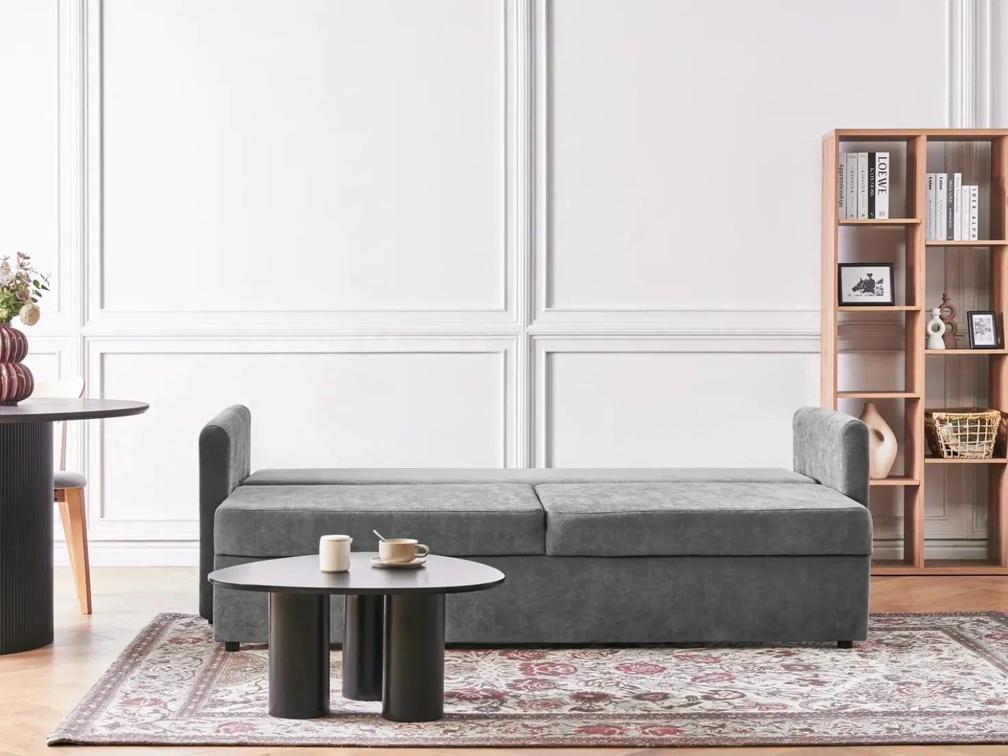 Divano letto 3 posti BLEIK Ciniglia Grigio chiaro con contenitore