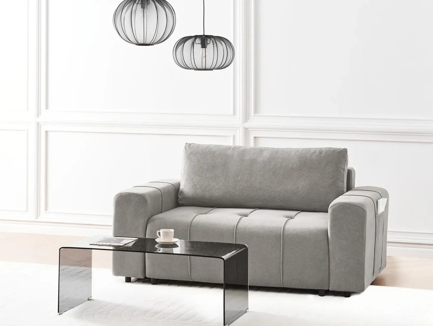 Divano letto 2 posti INNVIK Tessuto Grigio chiaro con contenitore