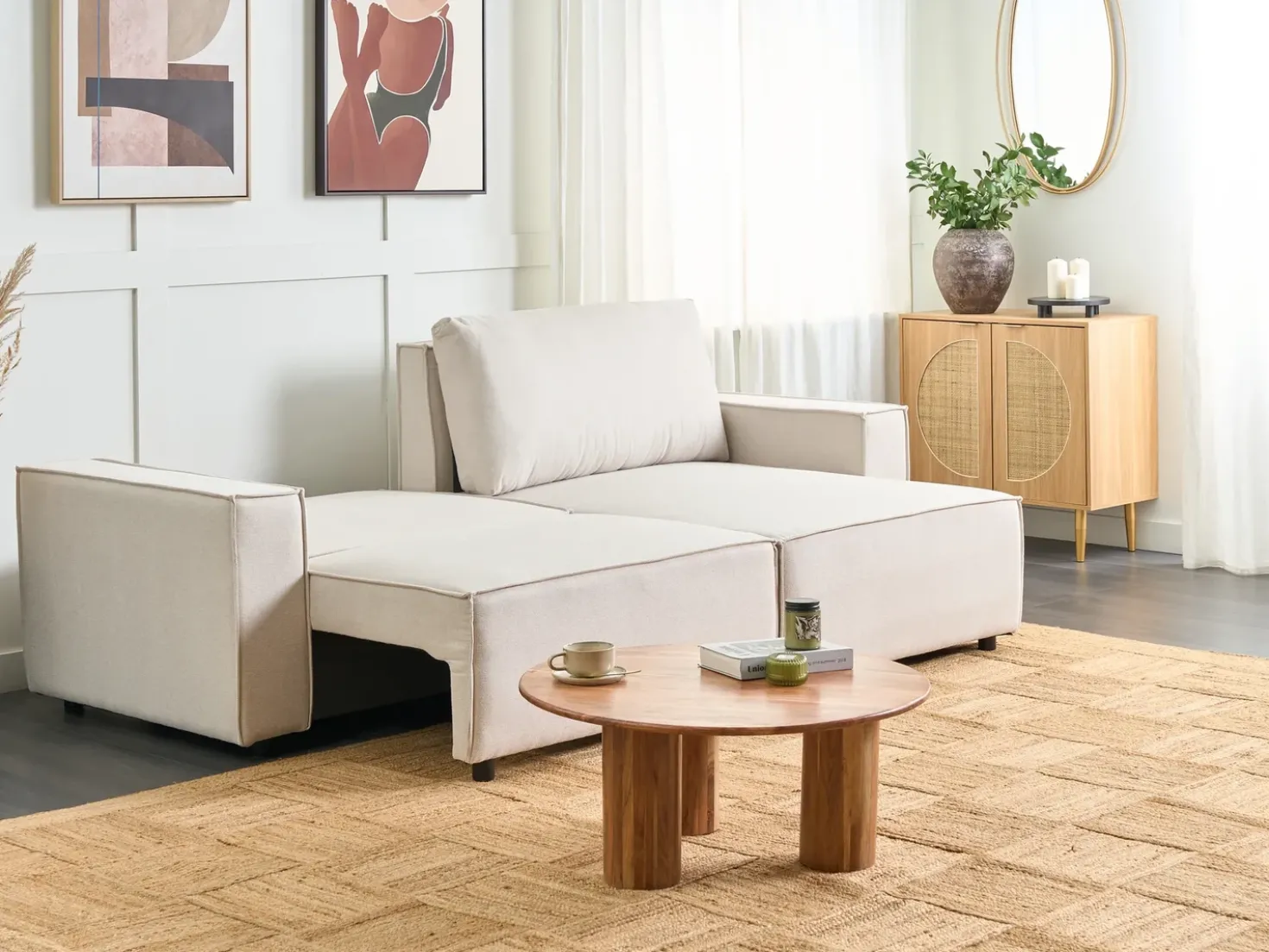 Divano letto 3 posti KARILA Tessuto Beige chiaro con contenitore Lato Sinistro