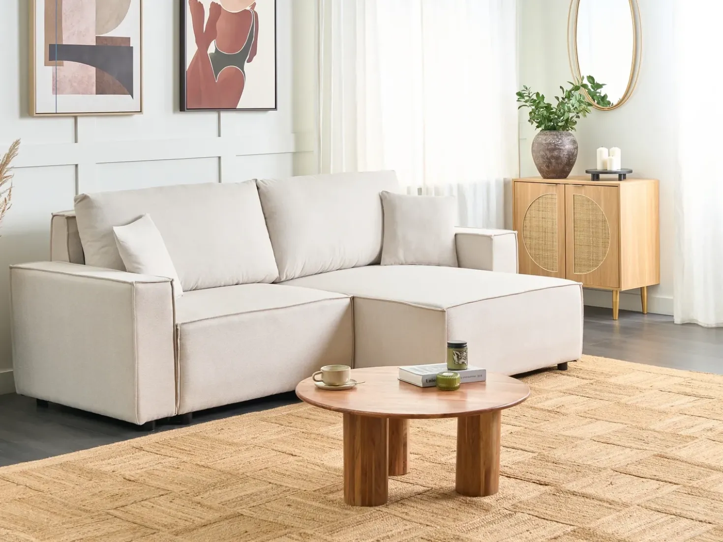Divano letto 3 posti KARILA Tessuto Beige chiaro con contenitore Lato Sinistro