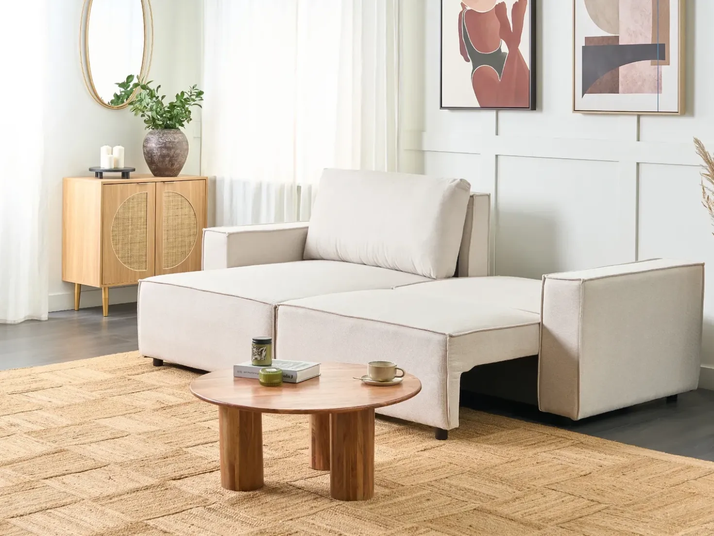 Divano letto 3 posti KARILA Tessuto Beige chiaro con contenitore Lato destro