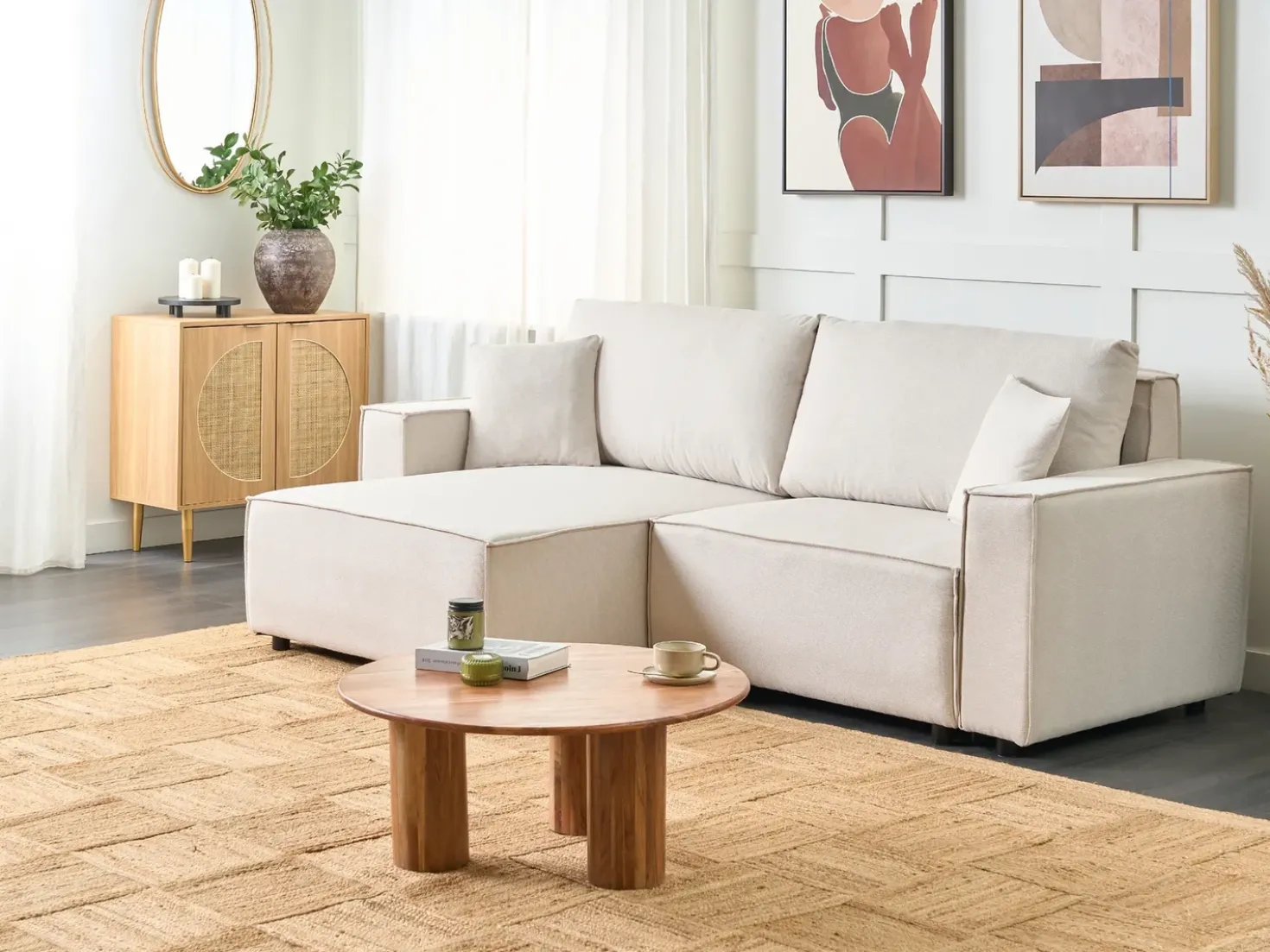 Divano letto 3 posti KARILA Tessuto Beige chiaro con contenitore Lato destro
