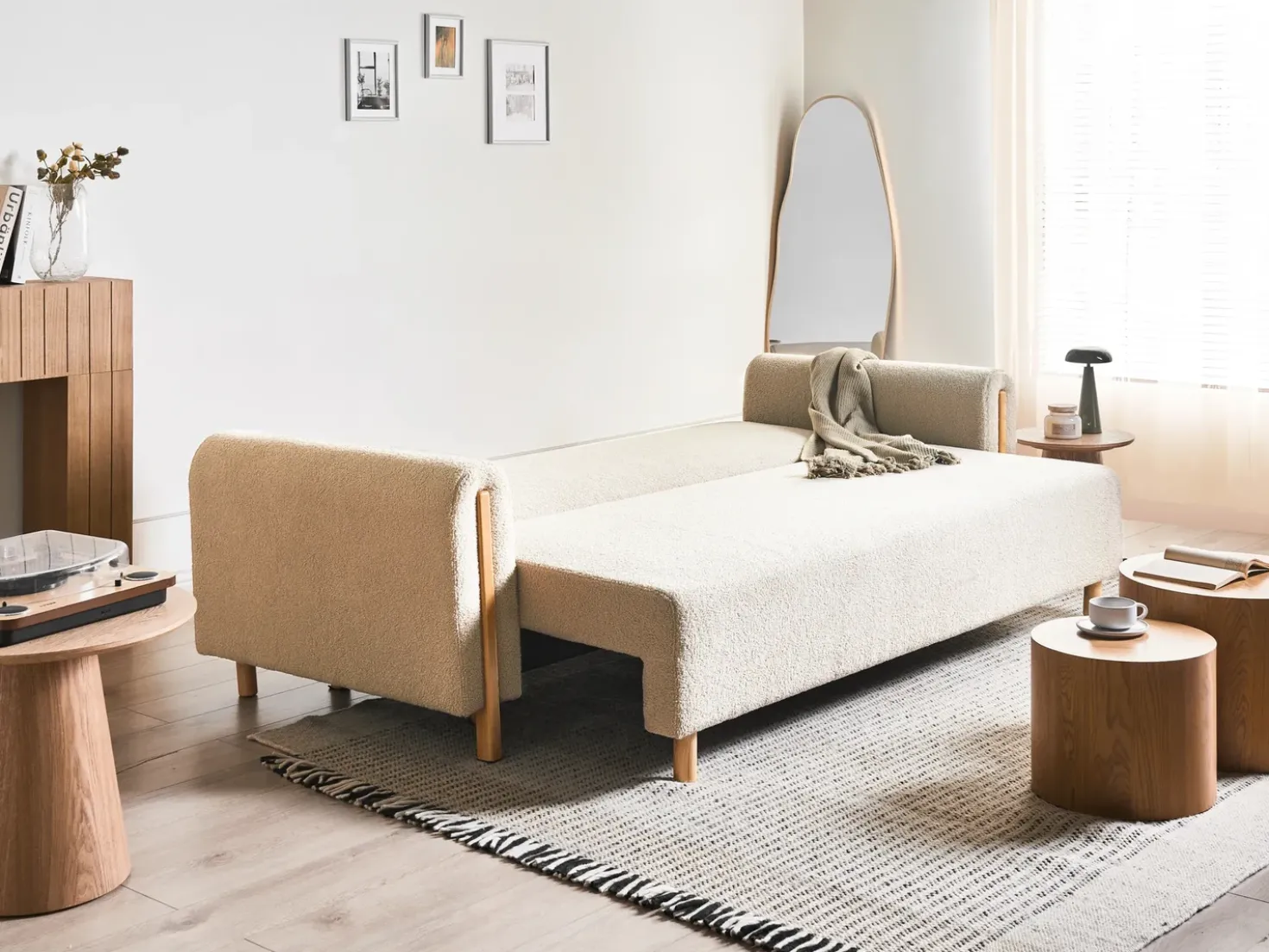 Divano letto 3 posti KVAM Bouclé Beige chiaro con contenitore