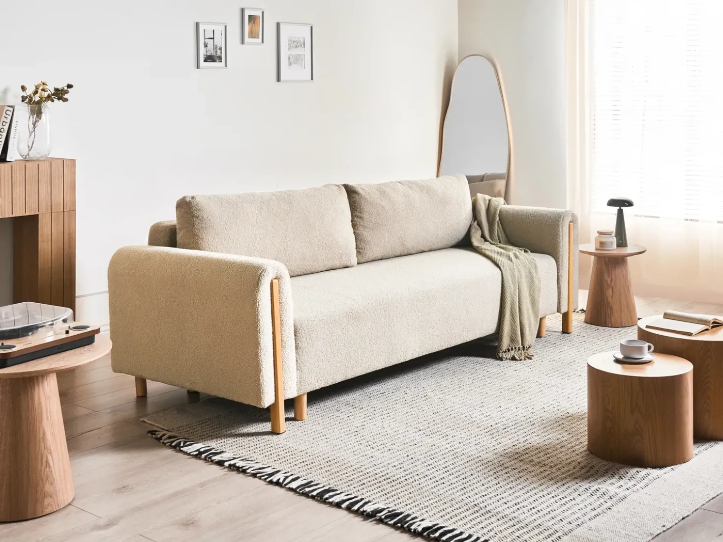 Divano letto 3 posti KVAM Bouclé Beige chiaro con contenitore