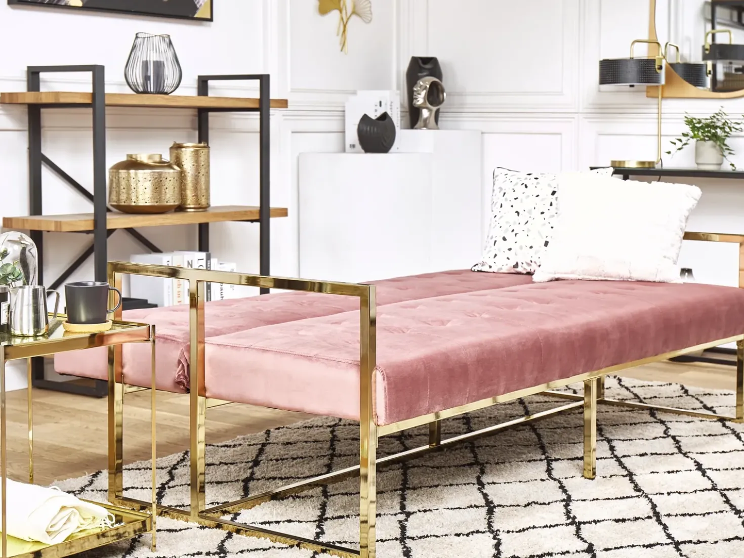 Divano letto 3 posti MARSTAL Velluto Rosa