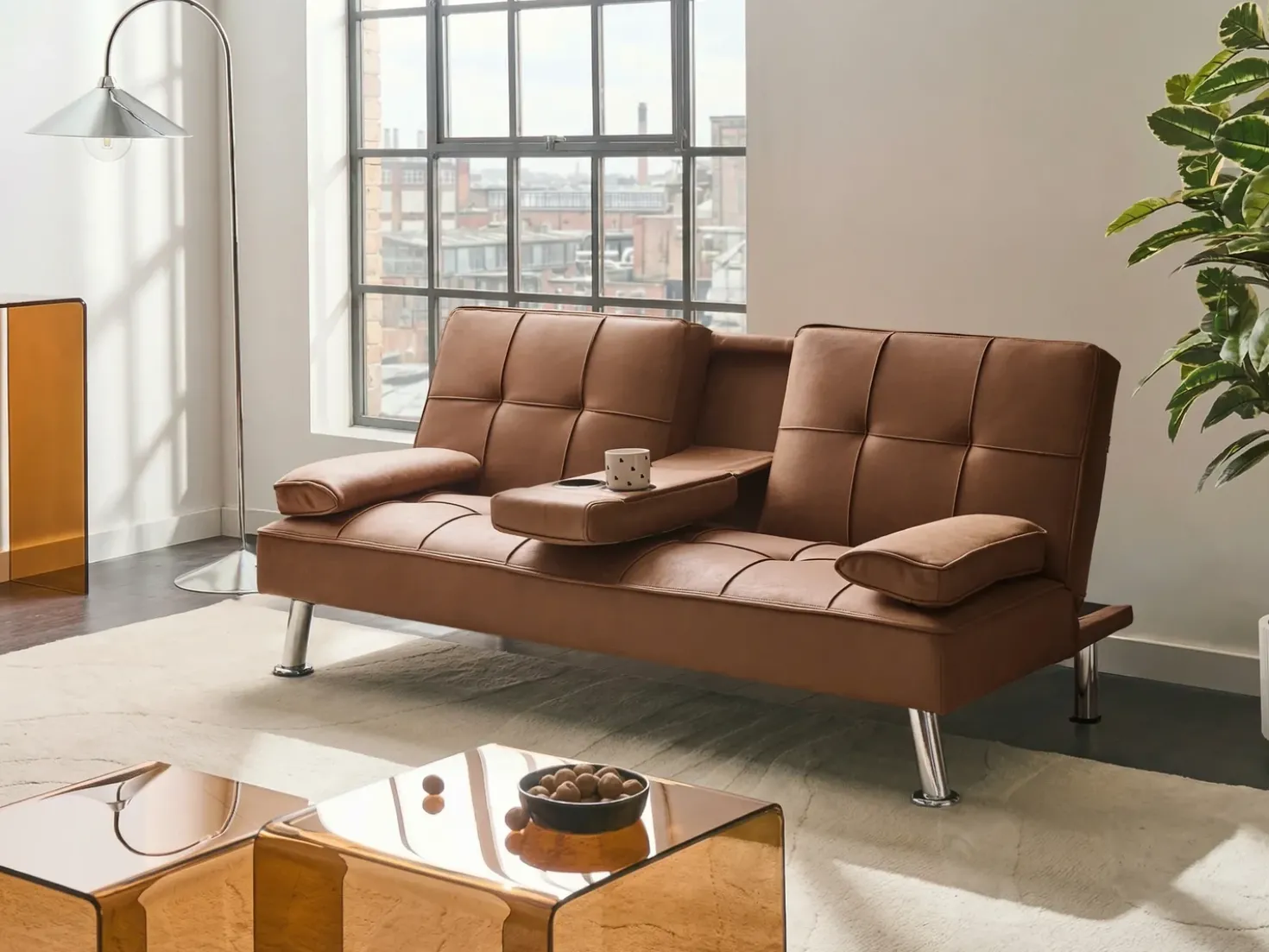 Divano letto 3 posti ROXEN Pelle sintetica Marrone dorato