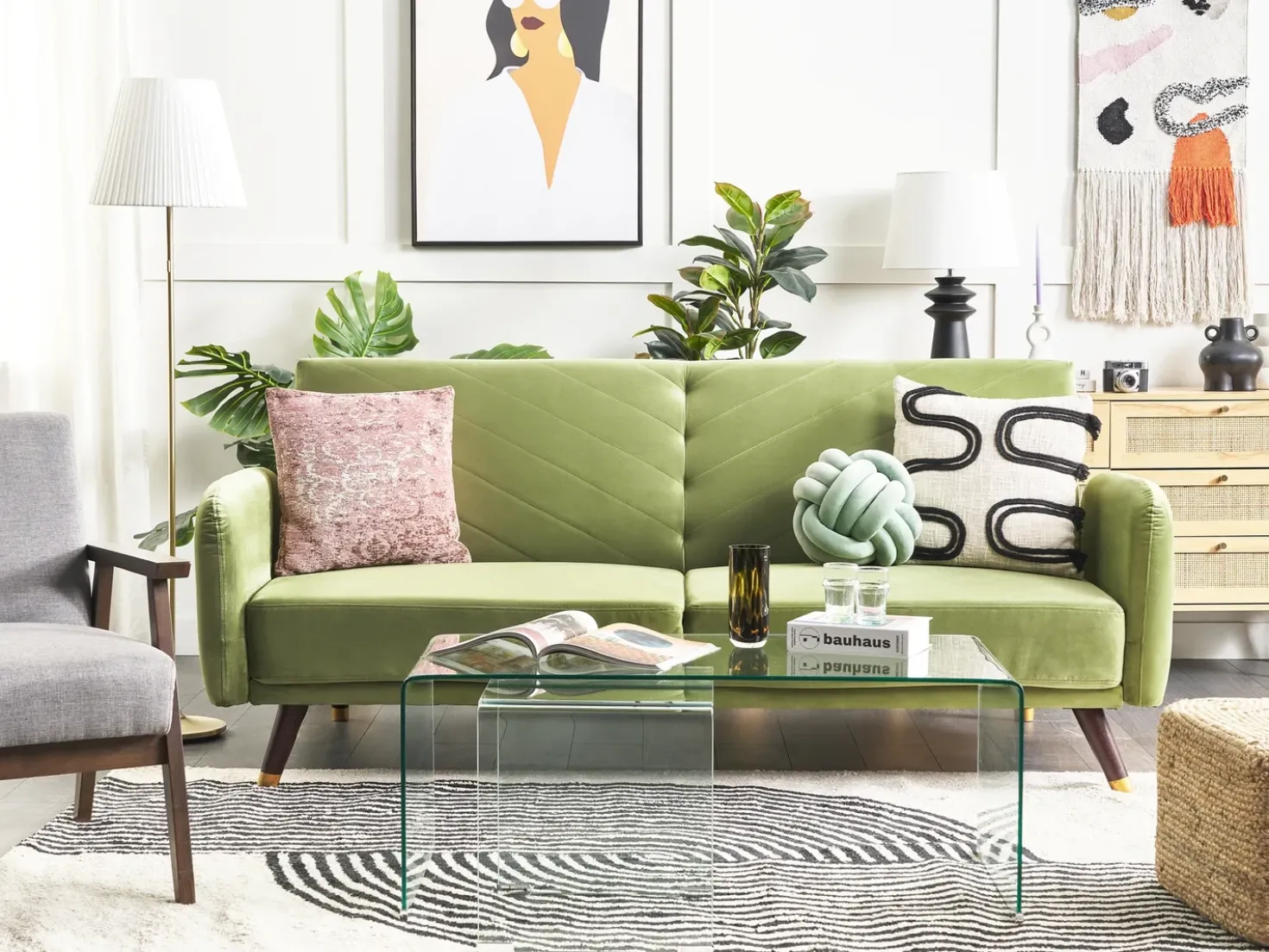 Divano letto 3 posti SENJA Velluto Verde oliva