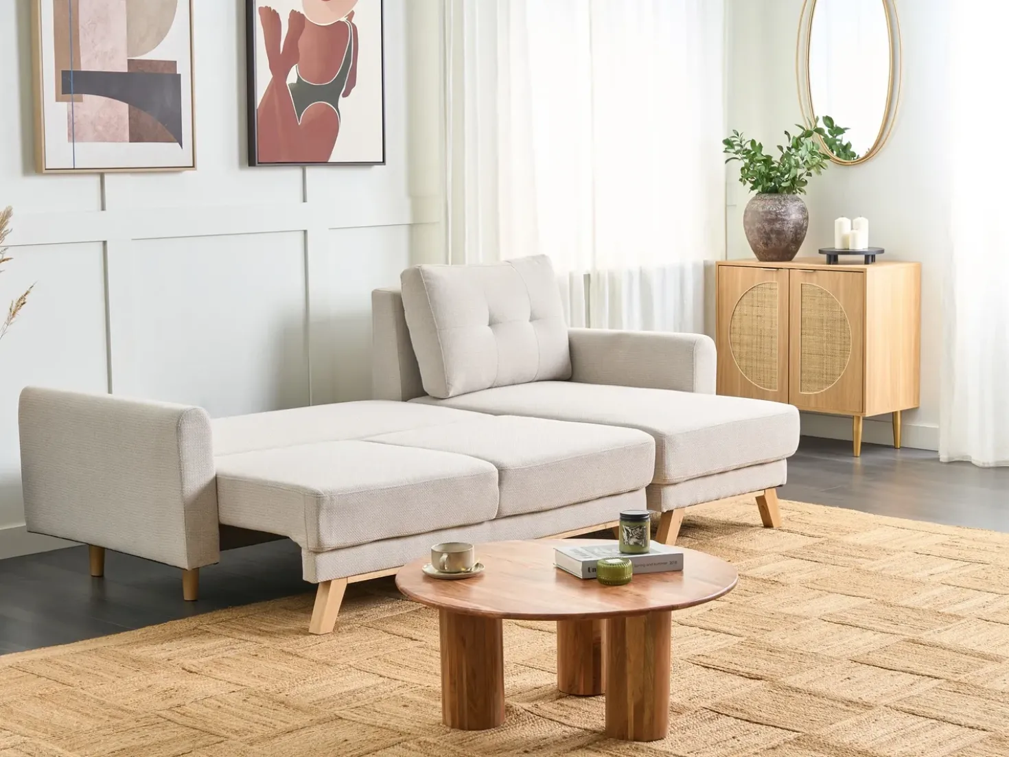 Divano letto 3 posti SIRO Tessuto Beige chiaro con contenitore Lato Sinistro