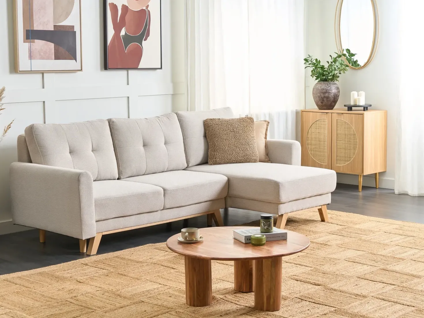 Divano letto 3 posti SIRO Tessuto Beige chiaro con contenitore Lato Sinistro