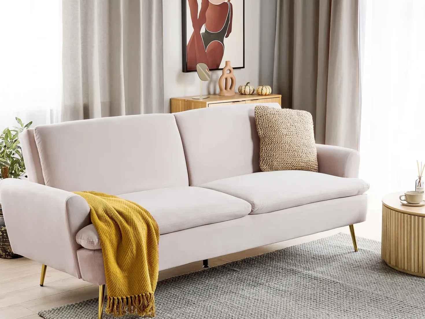 Divano letto 3 posti VETTRE Velluto Beige chiaro
