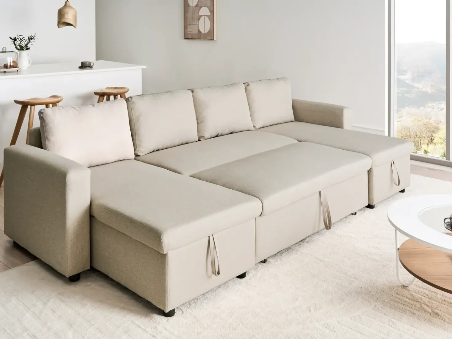 Divano letto a U 5 posti SOMMEN Tessuto Beige chiaro con contenitore
