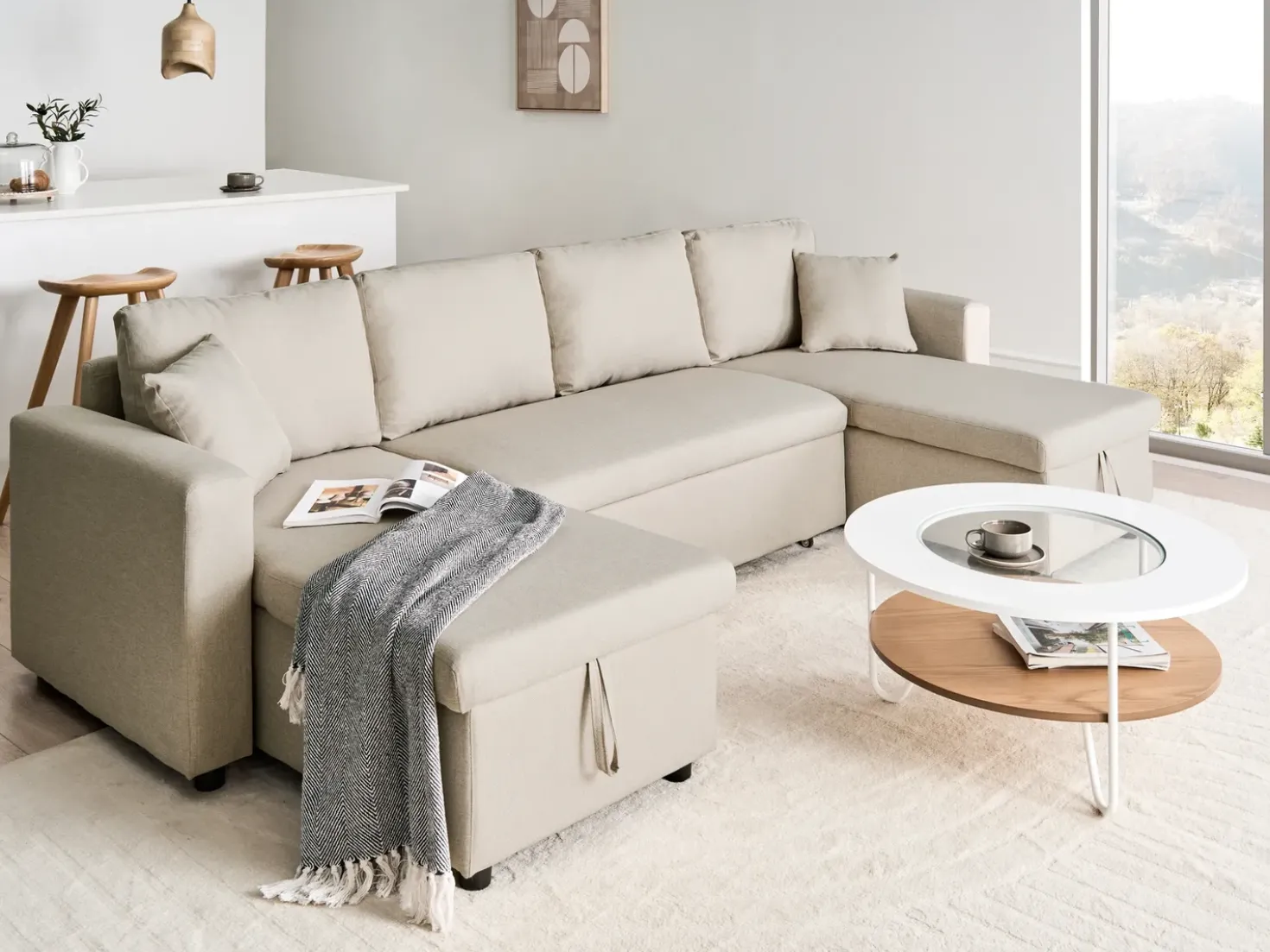 Divano letto a U 5 posti SOMMEN Tessuto Beige chiaro con contenitore