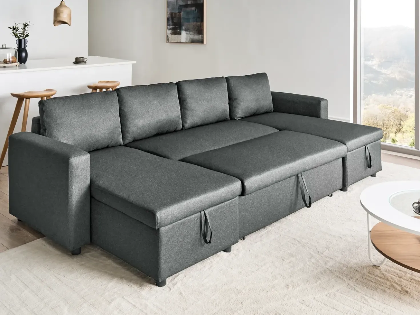 Divano letto a U 5 posti SOMMEN Tessuto Grigio scuro con contenitore