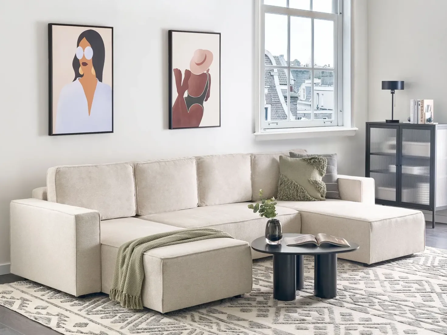 Divano letto a U 4 posti VATNE Tessuto Beige chiaro con contenitore