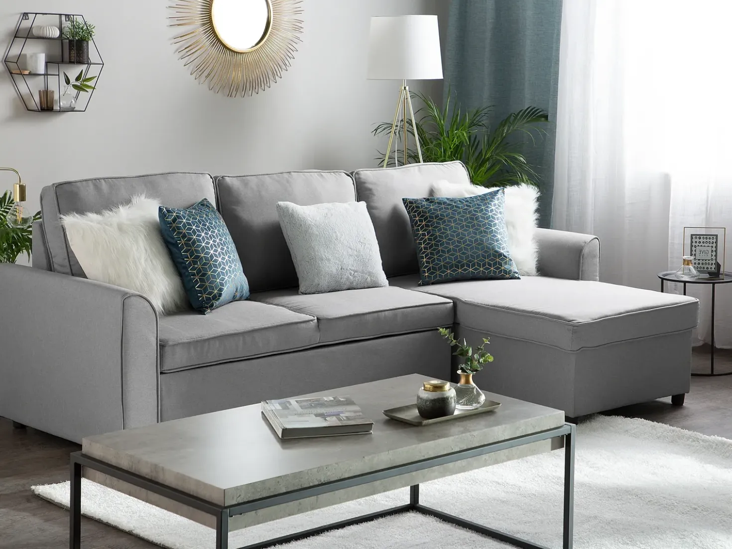 Divano letto angolare 3 posti NESNA Tessuto Grigio chiaro con contenitore Lato Sinistro