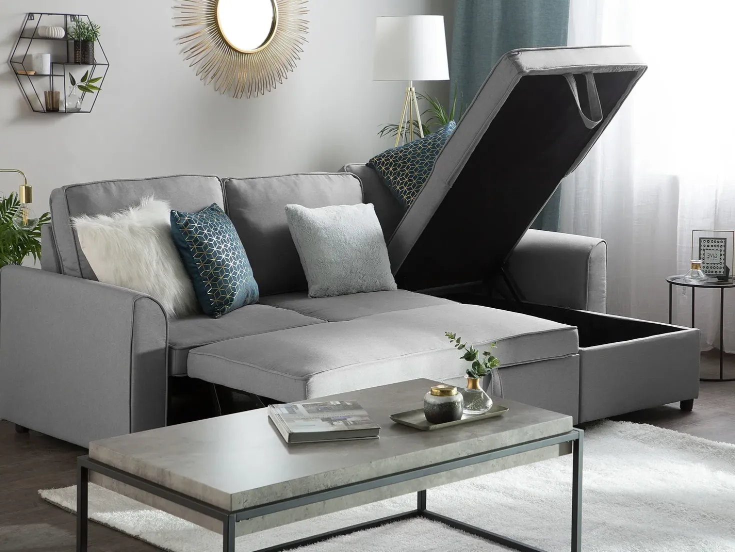 Divano letto angolare 3 posti NESNA Tessuto Grigio chiaro con contenitore Lato Sinistro