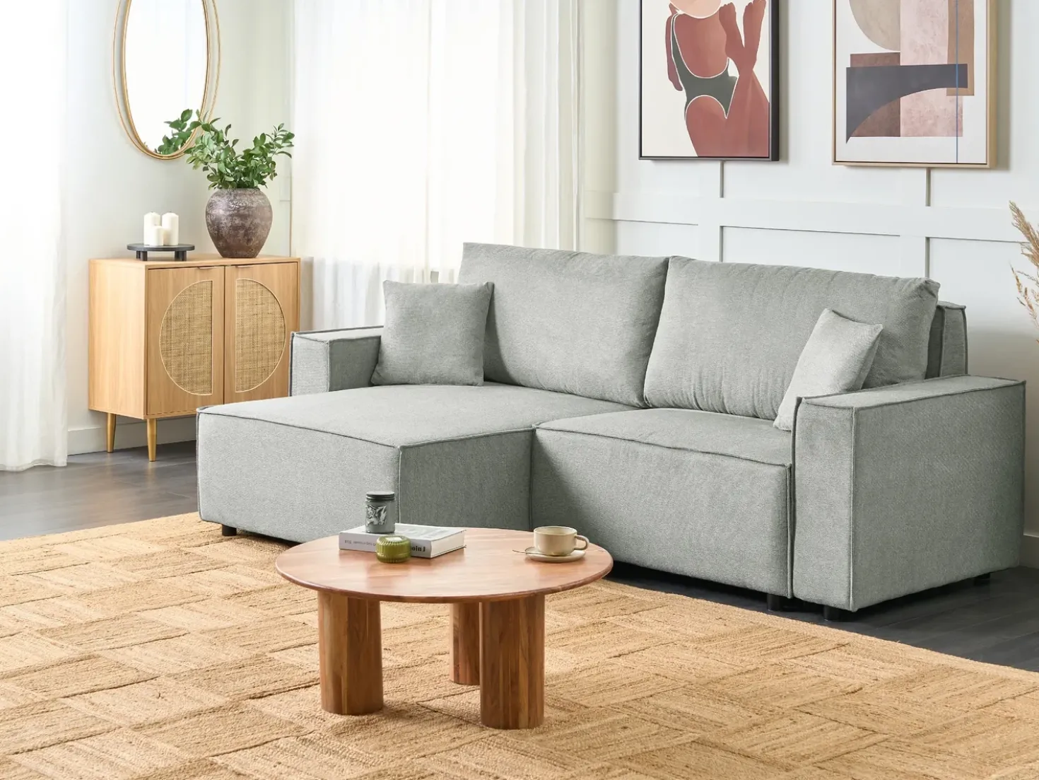 Divano letto angolare 3 posti KARILA Tessuto Grigio con contenitore Lato destro