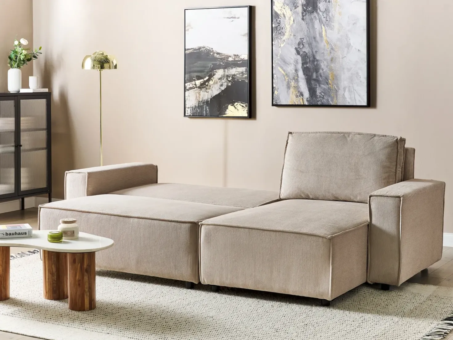 Divano letto angolare 3 posti ABACKA Velluto a coste Beige Lato Sinistro