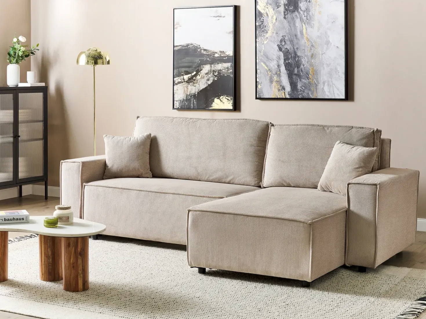 Divano letto angolare 3 posti ABACKA Velluto a coste Beige Lato Sinistro