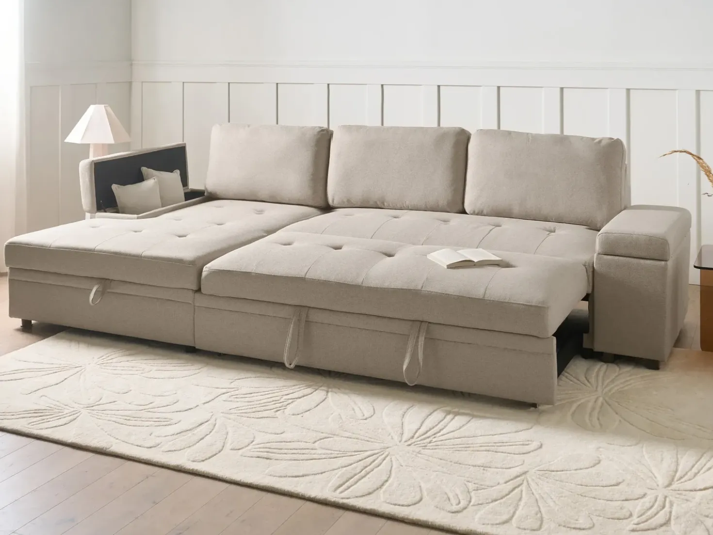 Divano letto angolare 3 posti HRISEY Lino sintetico Beige con contenitore Lato destro