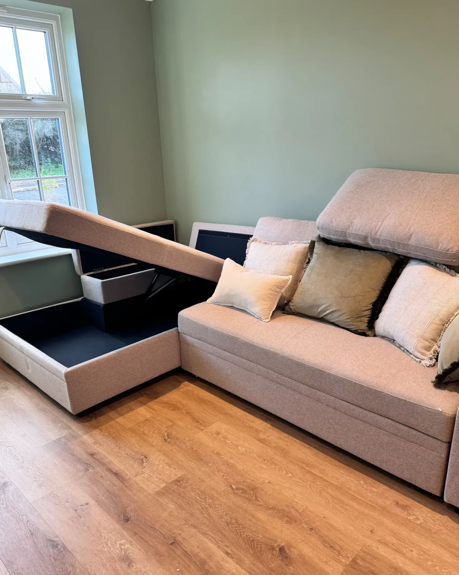 Divano letto angolare 3 posti HRISEY Lino sintetico Beige con contenitore Lato destro