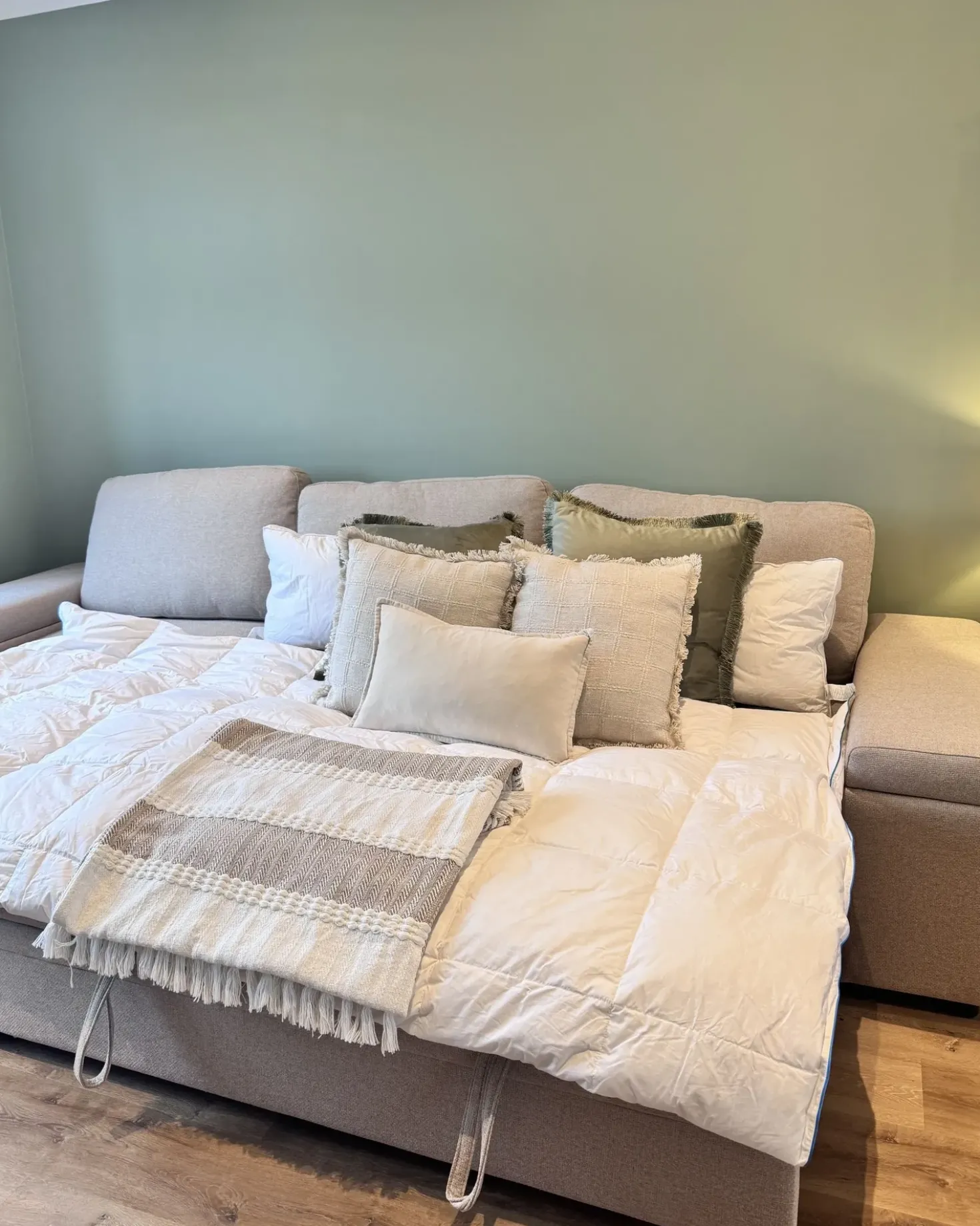 Divano letto angolare 3 posti HRISEY Lino sintetico Beige con contenitore Lato destro