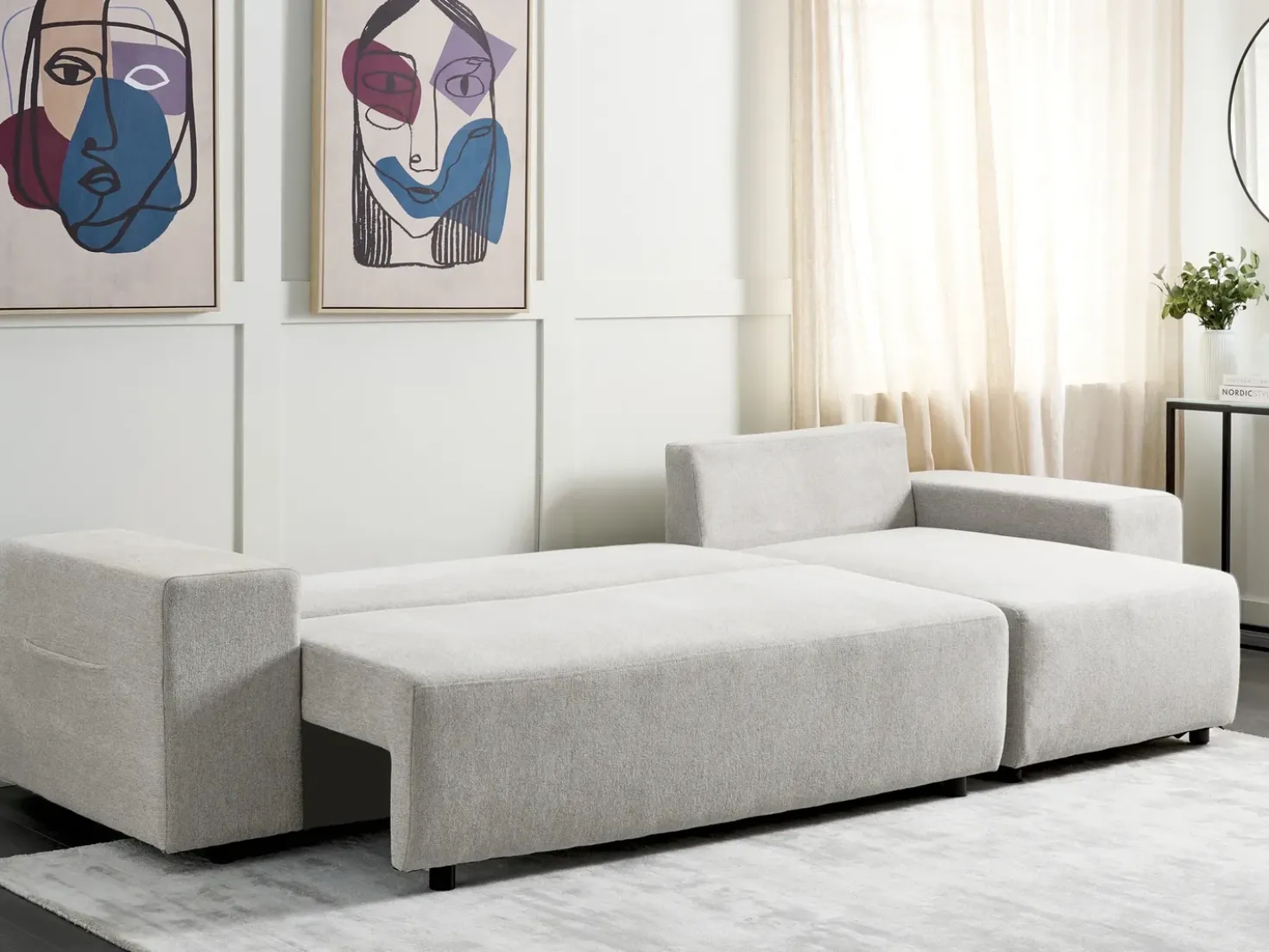 Divano letto angolare 3 posti LUSPA Tessuto Grigio chiaro con contenitore Lato Sinistro