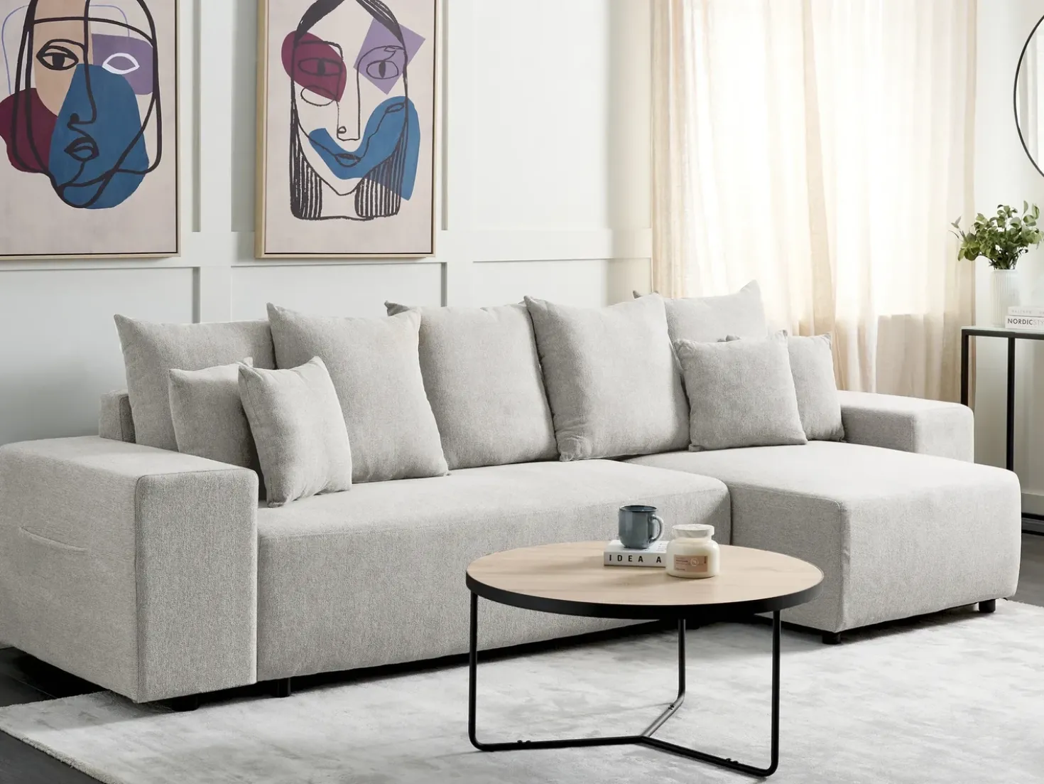 Divano letto angolare 3 posti LUSPA Tessuto Grigio chiaro con contenitore Lato Sinistro
