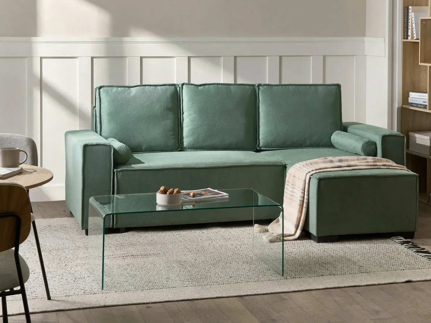 Divano letto angolare 3 posti EDANE Tessuto Verde chiaro con contenitore Lato Sinistro