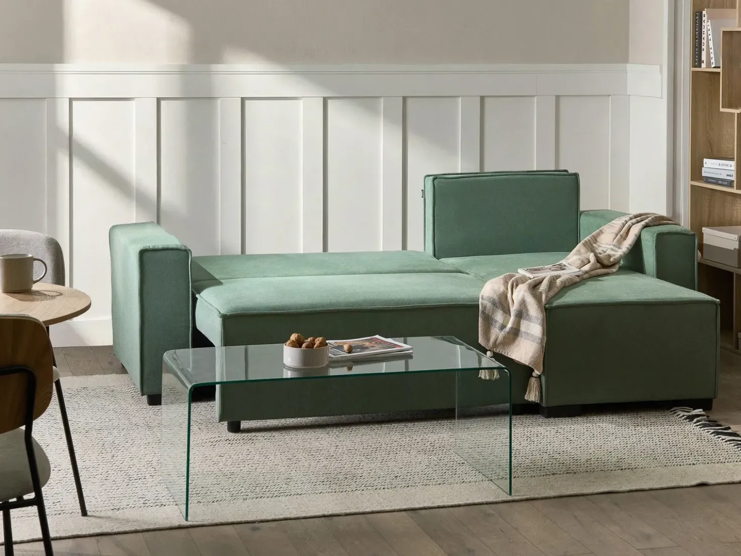 Divano letto angolare 3 posti EDANE Tessuto Verde chiaro con contenitore Lato Sinistro