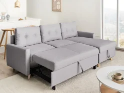 Divano letto angolare 4 posti FLAKK Tessuto Grigio chiaro con contenitore Lato Sinistro