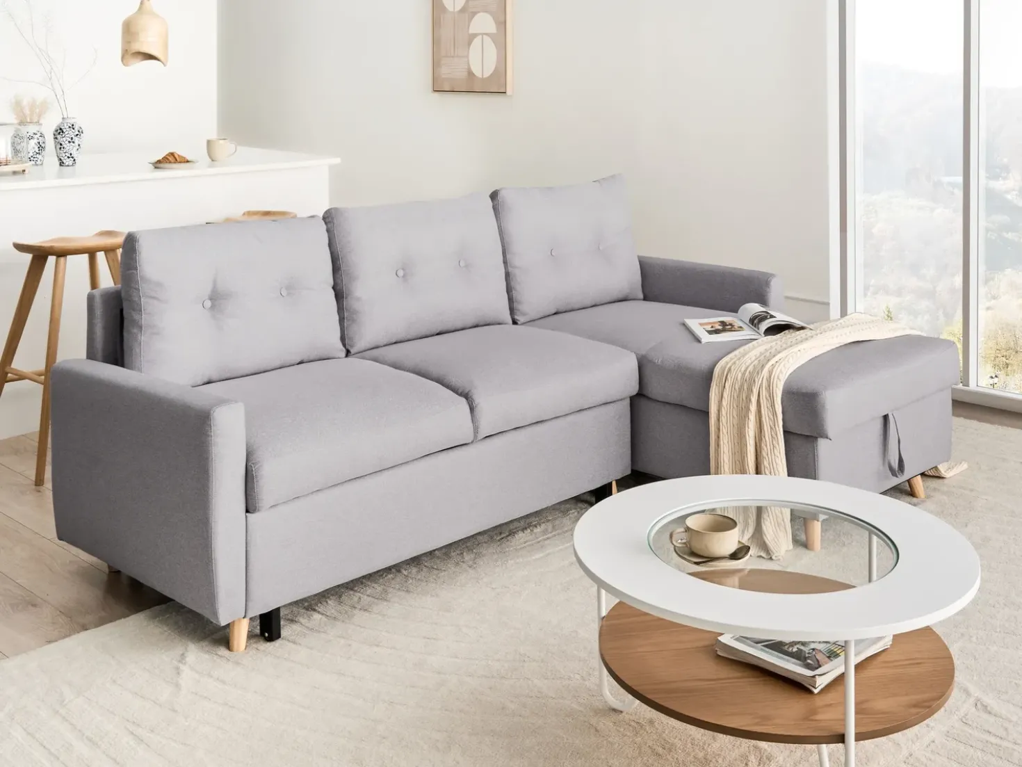 Divano letto angolare 4 posti FLAKK Tessuto Grigio chiaro con contenitore Lato Sinistro