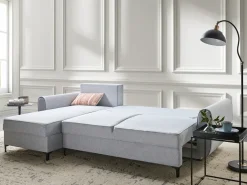Divano letto angolare 3 posti SIMRIS Tessuto Azzurro con contenitore Lato destro