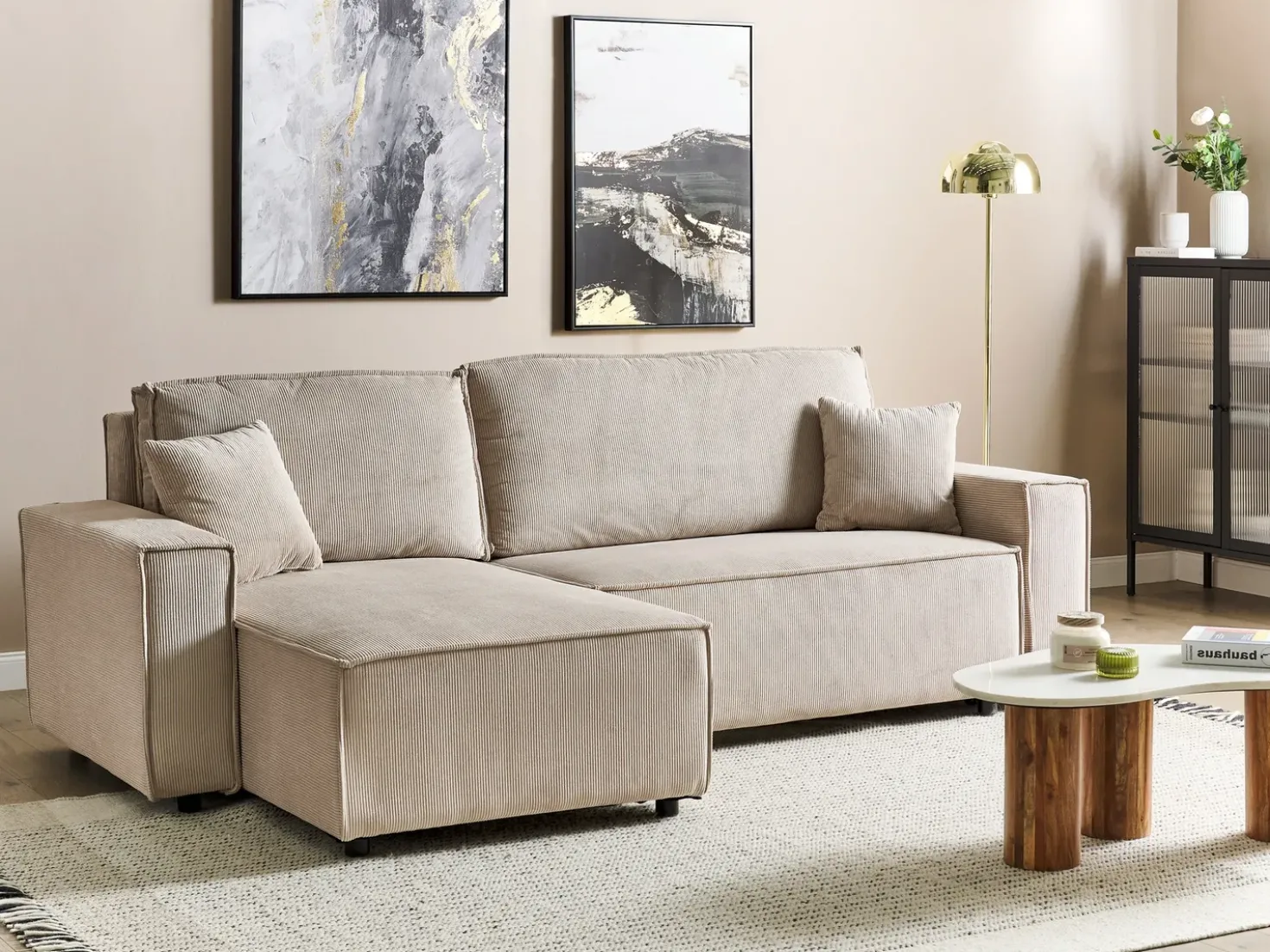 Divano letto angolare 3 posti ABACKA Velluto a coste Beige Lato destro