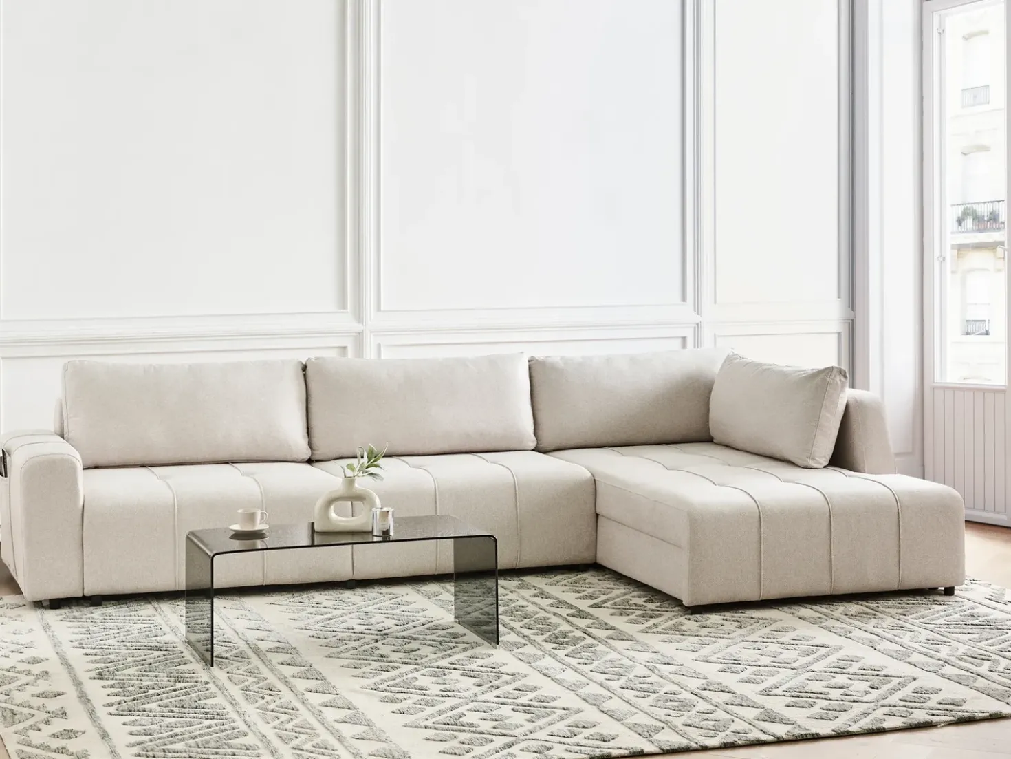 Divano letto angolare 4 posti INNVIK Tessuto Beige chiaro con contenitore Lato Sinistro
