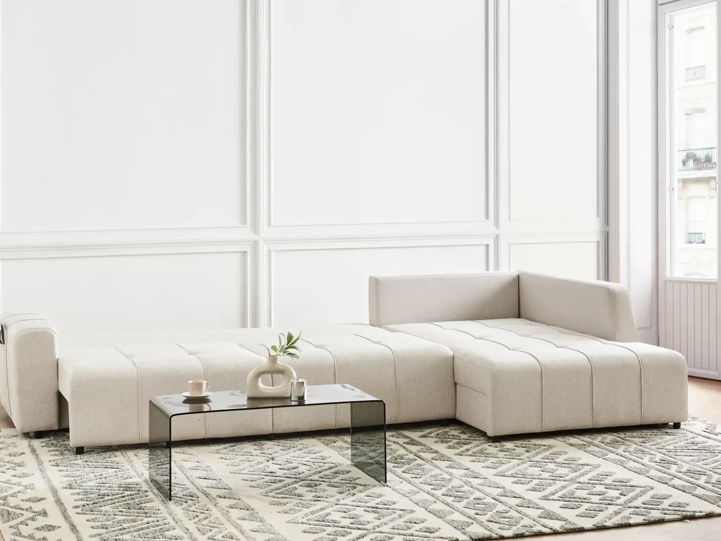Divano letto angolare 4 posti INNVIK Tessuto Beige chiaro con contenitore Lato Sinistro