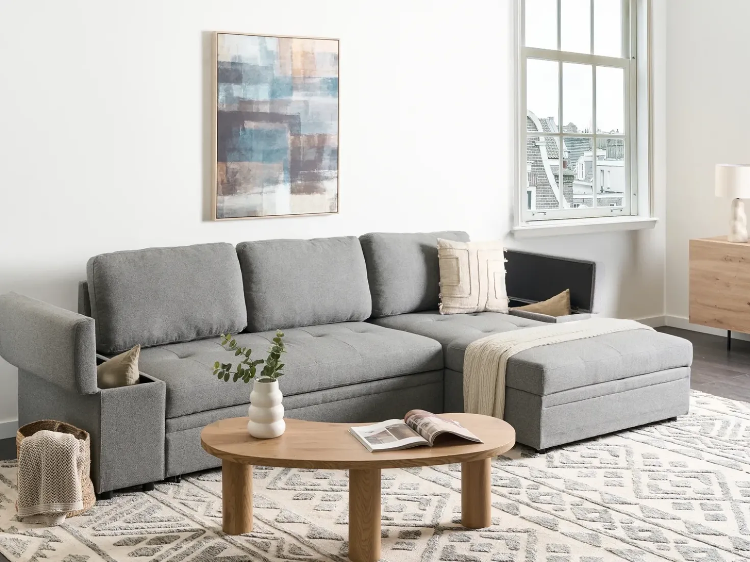 Divano letto angolare 3 posti HRISEY Lino sintetico Grigio con contenitore Lato Sinistro