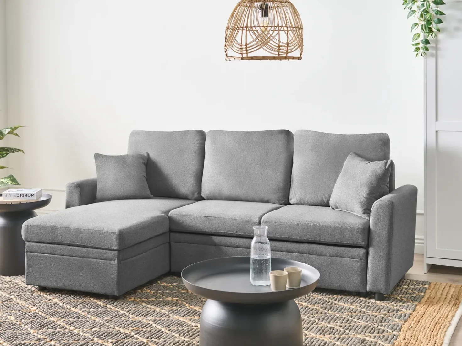 Divano letto angolare 3 posti NASSJO Lino sintetico Grigio Lato destro