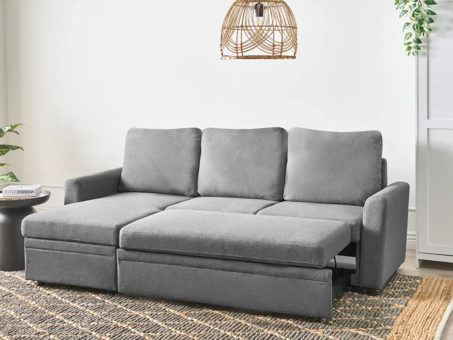 Divano letto angolare 3 posti NASSJO Lino sintetico Grigio Lato destro