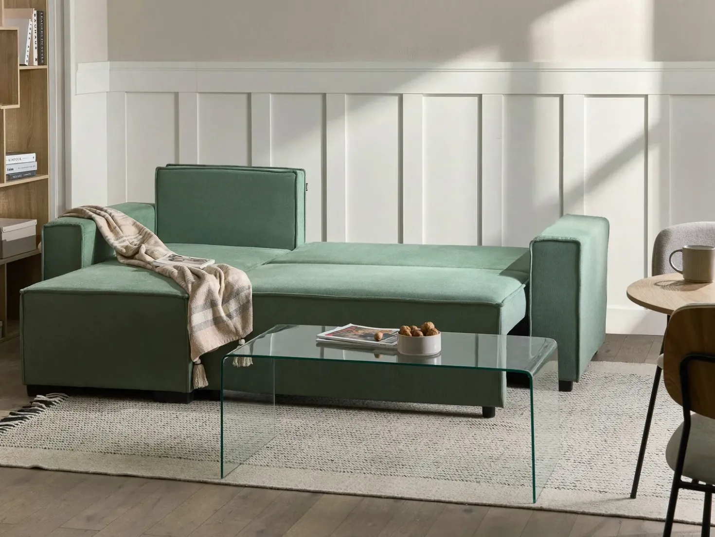 Divano letto angolare 3 posti EDANE Tessuto Verde chiaro con contenitore Lato destro