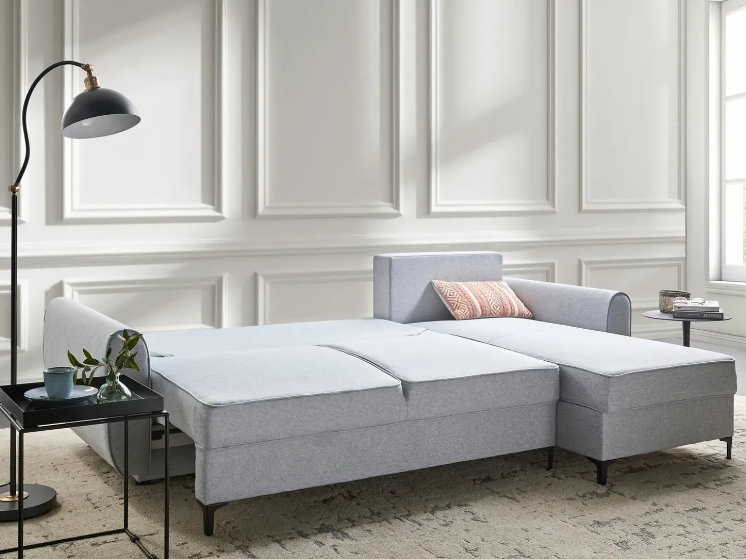 Divano letto angolare 3 posti SIMRIS Tessuto Azzurro con contenitore Lato Sinistro