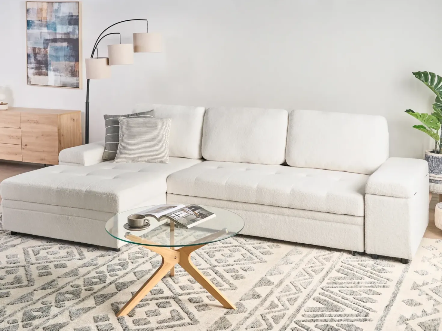 Divano letto angolare 3 posti HRISEY Bouclé Bianco con contenitore Lato destro