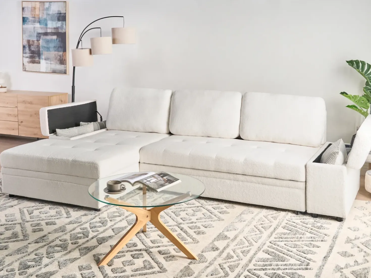 Divano letto angolare 3 posti HRISEY Bouclé Bianco con contenitore Lato destro