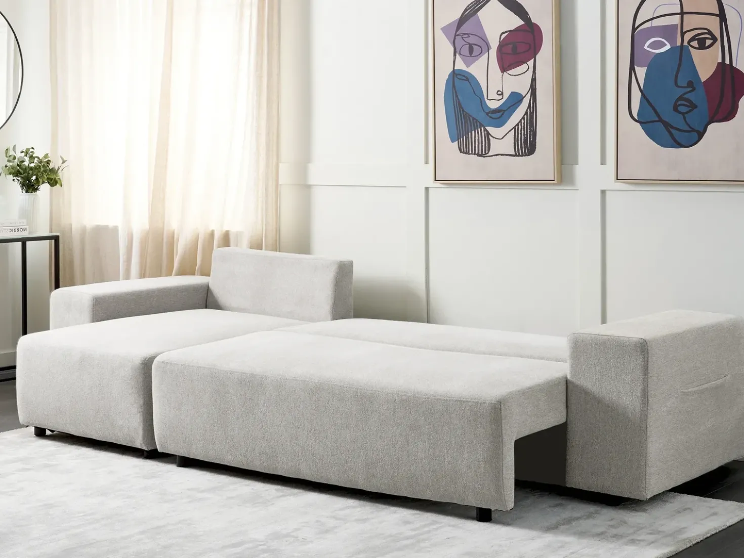 Divano letto angolare 3 posti LUSPA Tessuto Grigio chiaro con contenitore Lato destro