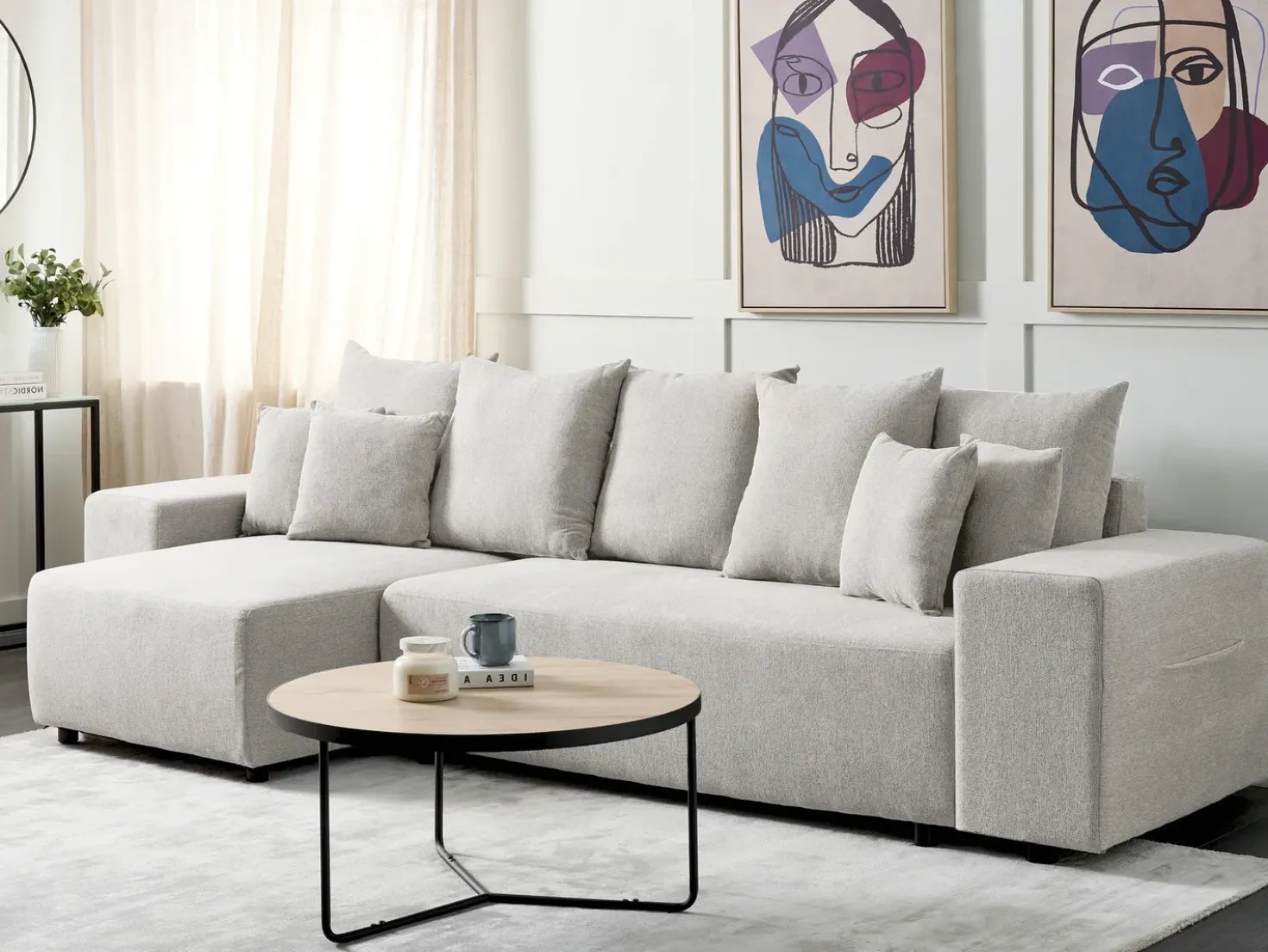 Divano letto angolare 3 posti LUSPA Tessuto Grigio chiaro con contenitore Lato destro