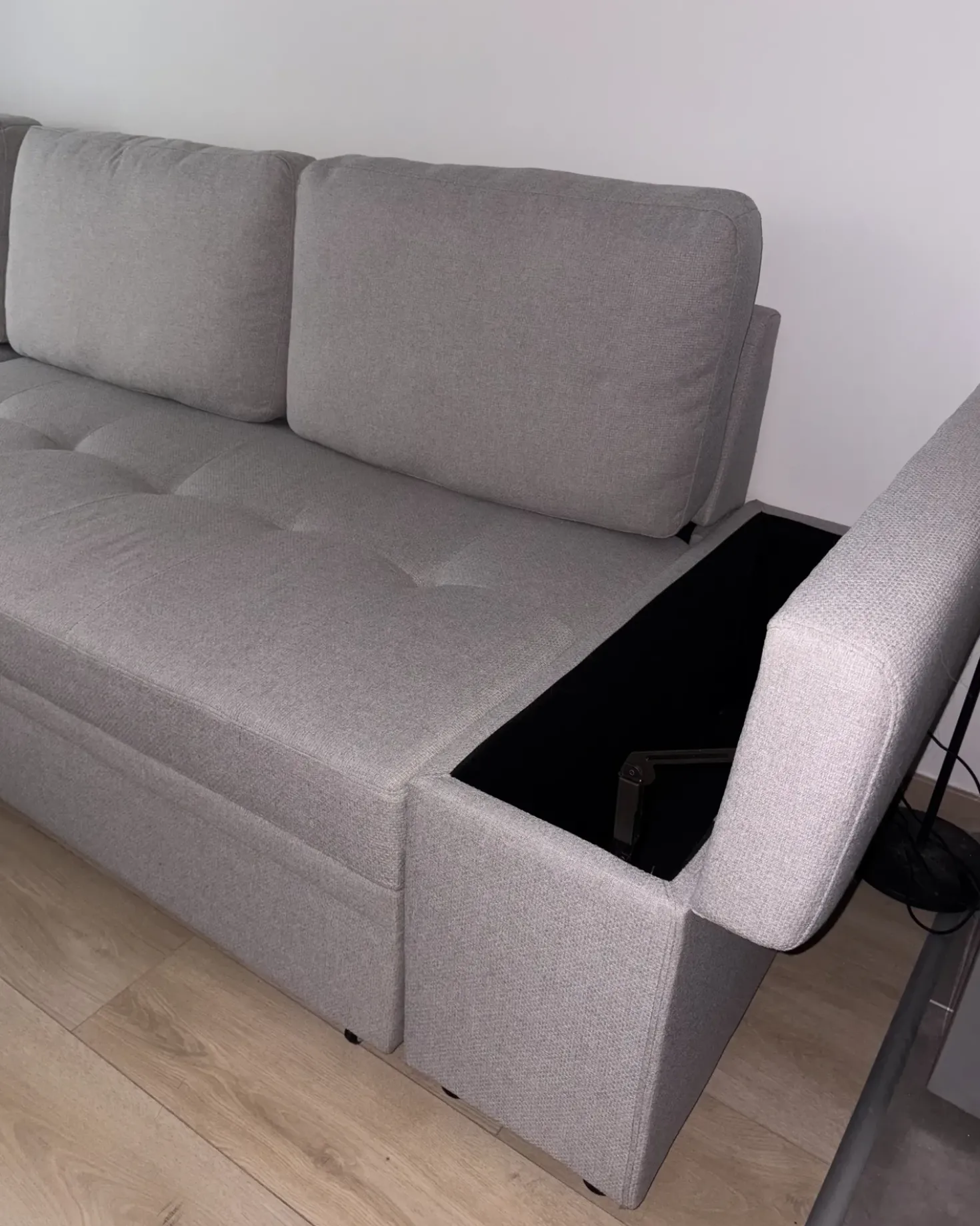 Divano letto angolare 3 posti HRISEY Lino sintetico Grigio chiaro con contenitore Lato destro