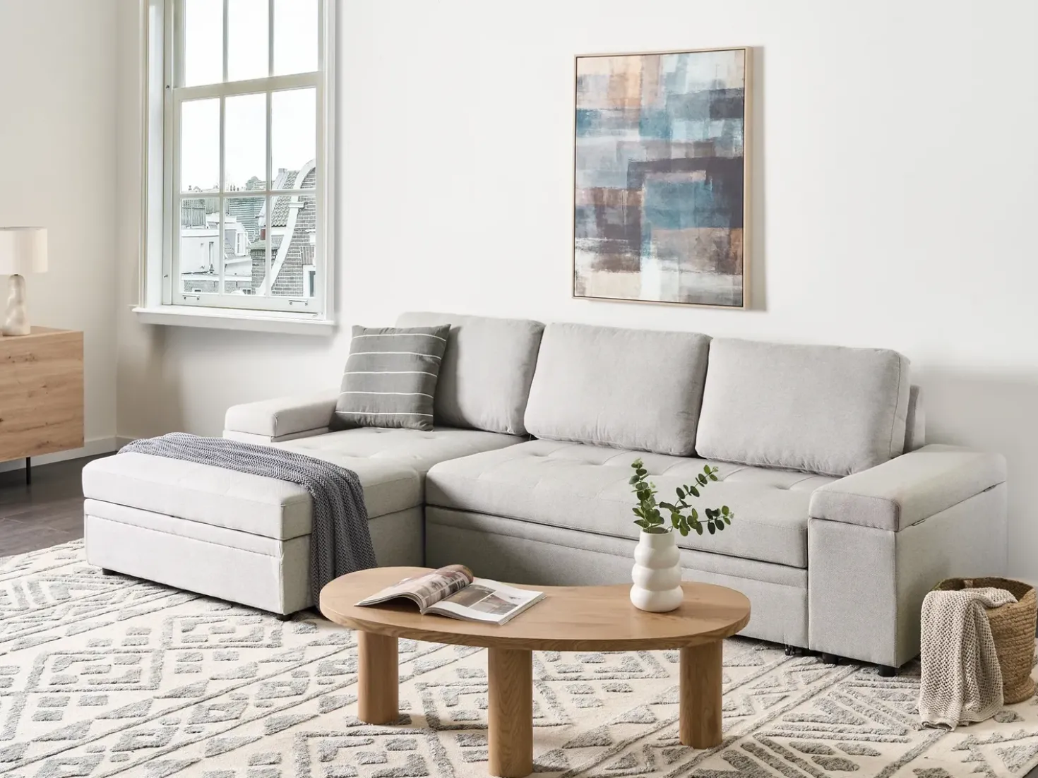 Divano letto angolare 3 posti HRISEY Lino sintetico Grigio chiaro con contenitore Lato destro